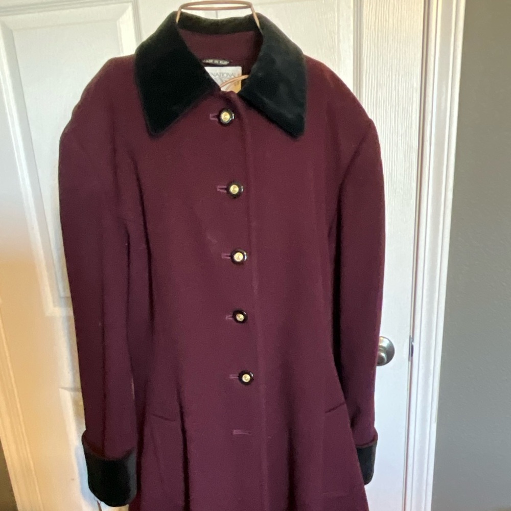 International Scene Elegant Burgundy Coat with Black Accents